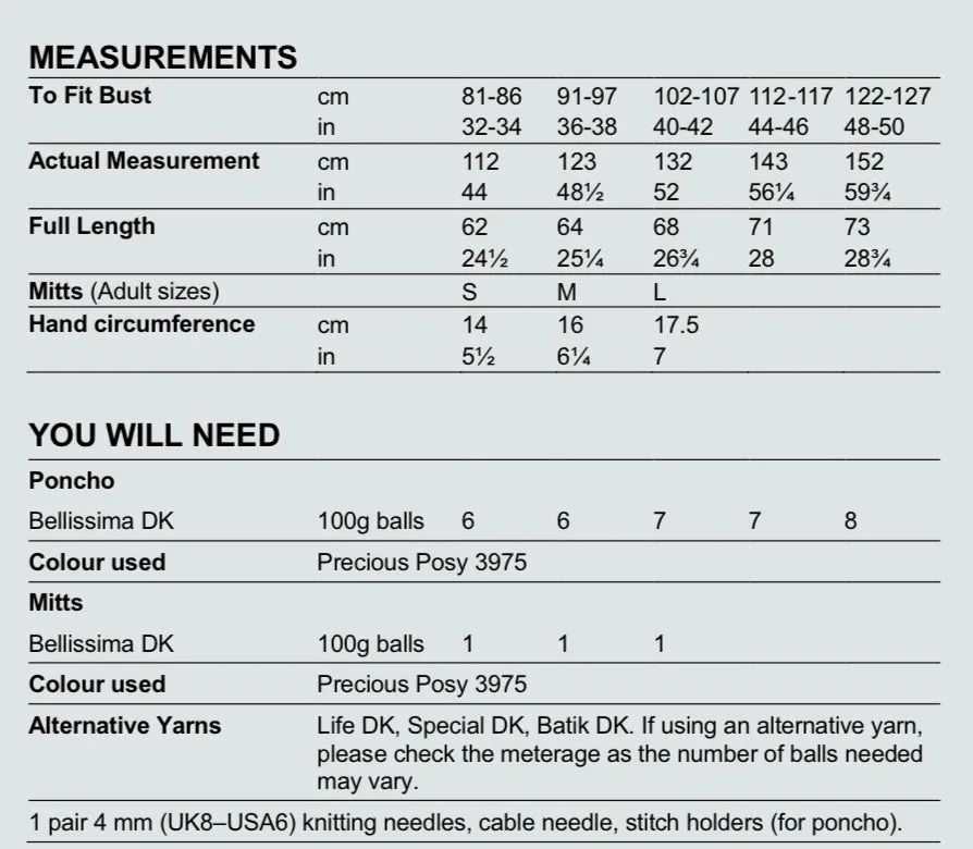 Stylecraft Bellissima D/K Ladies Poncho & Mitts Knitting Pattern 9700