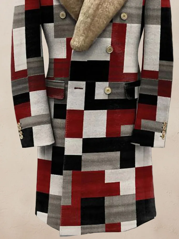 Stylish Color Block Fur Collar Coat