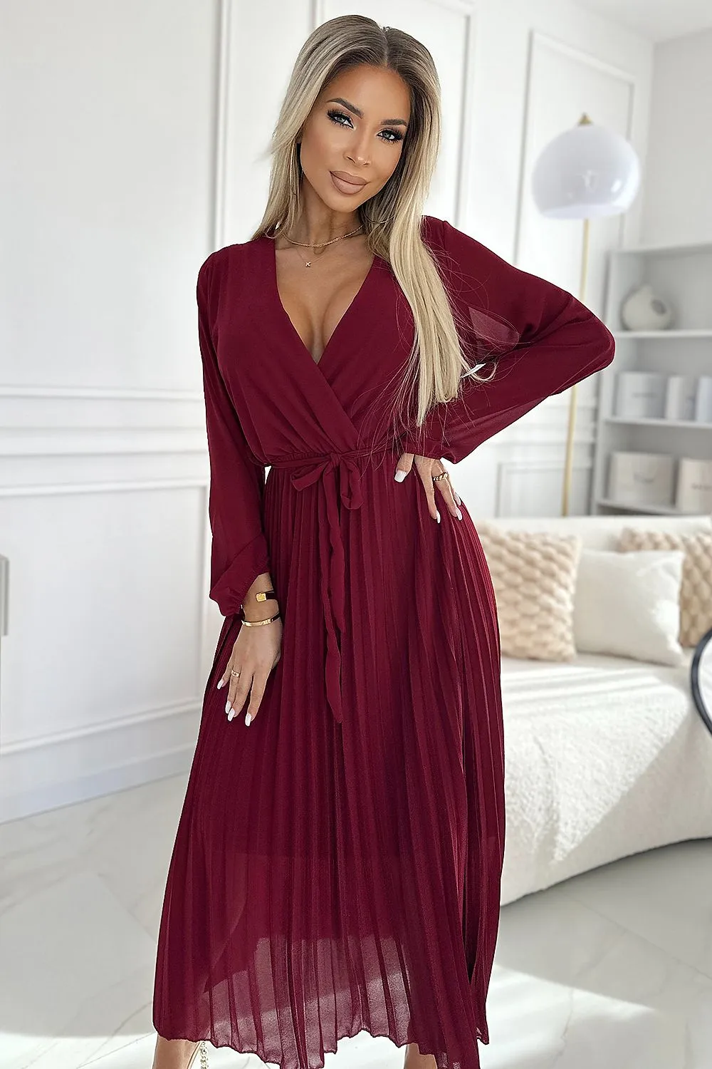 TEEK - V-Neck Pleated Sheer Bottom Cocktail Dress