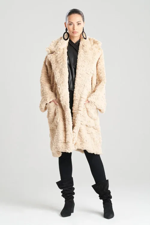 Textured Faux Fur Collared Long Coat