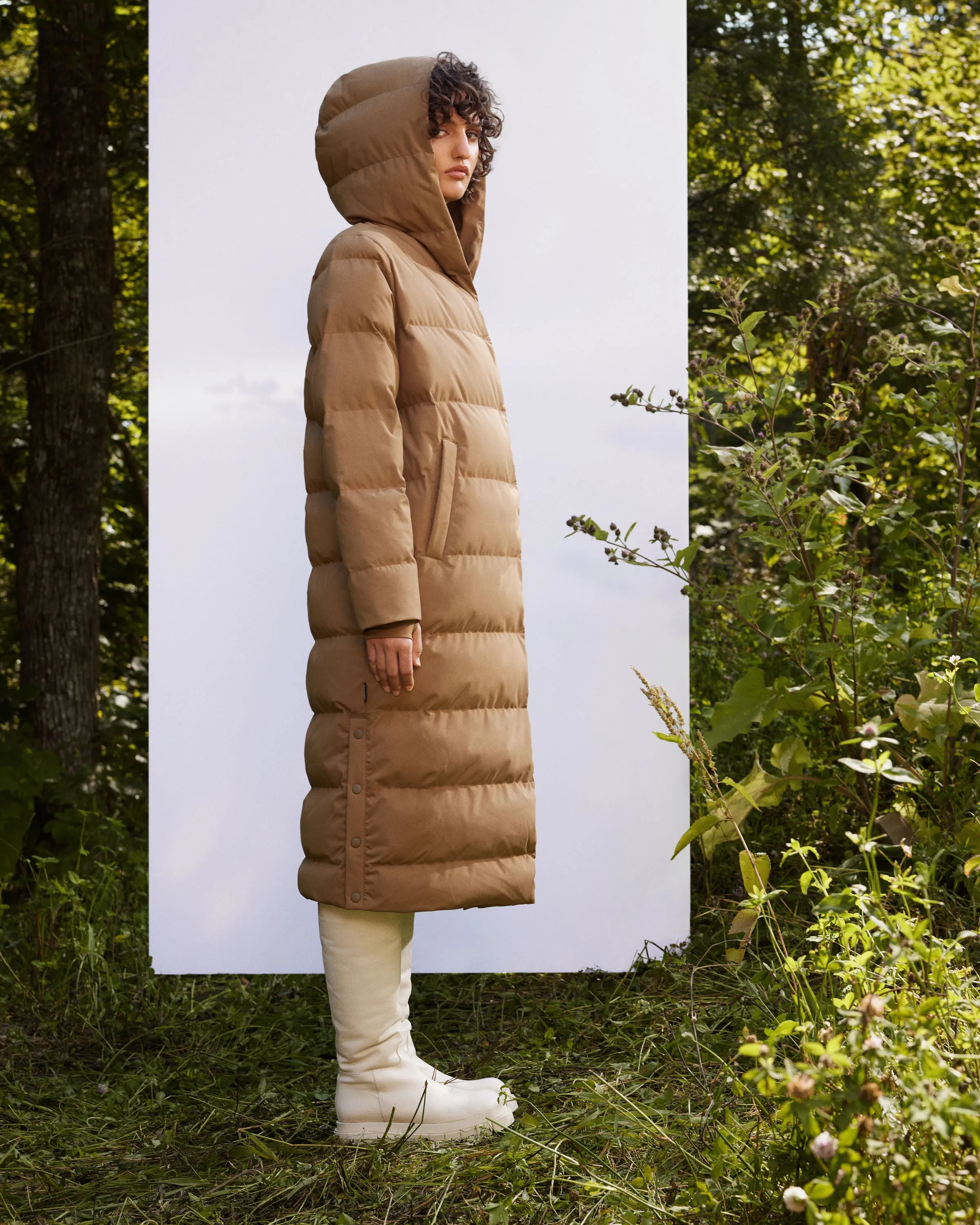 The Highland Long Puffer Coat in Amber Brown