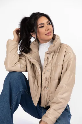 Things Take Time Khaki Faux Leather Puffer Jacket SALE