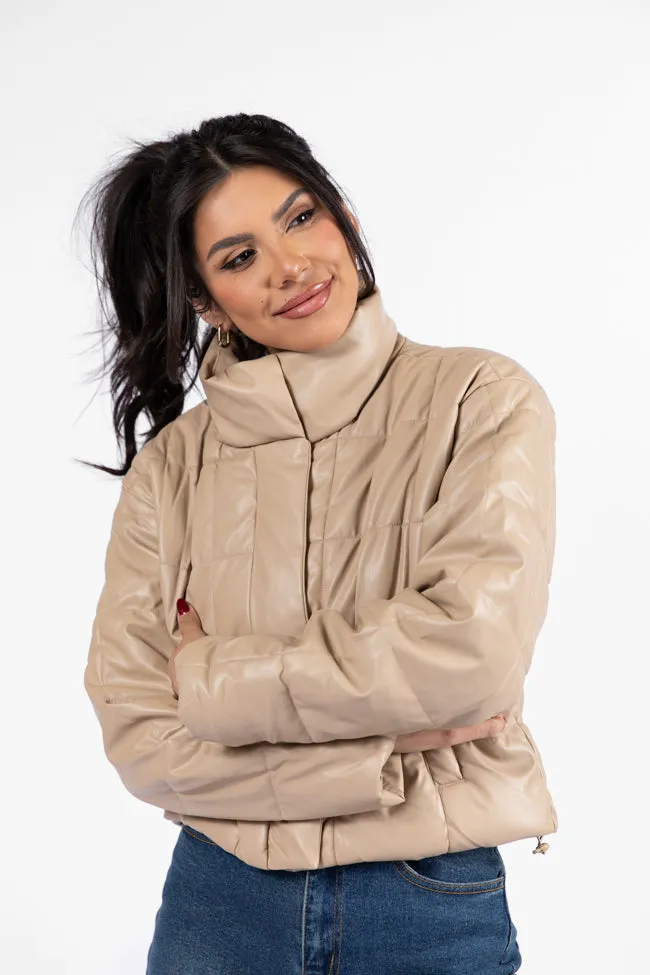 Things Take Time Khaki Faux Leather Puffer Jacket SALE