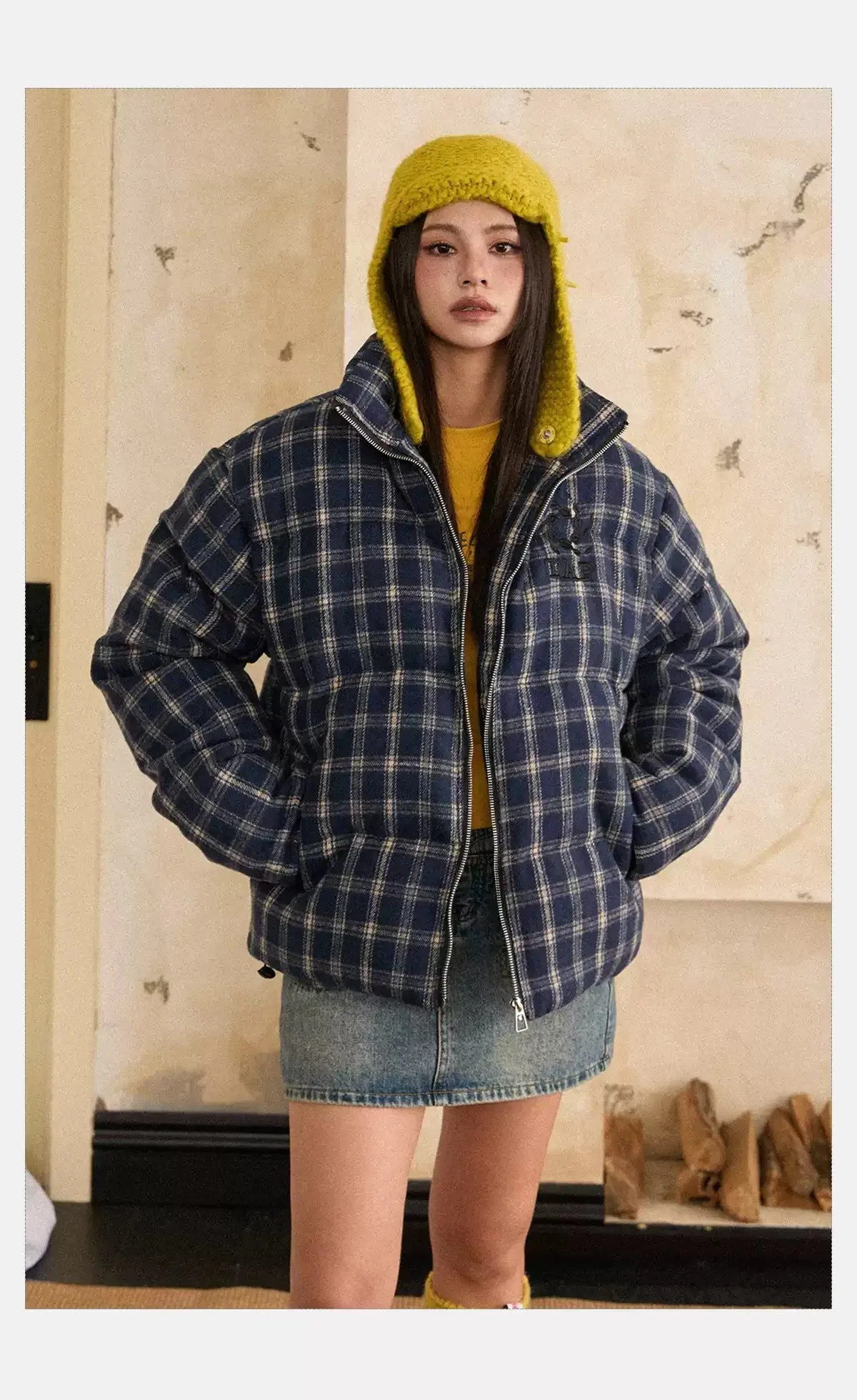 Tom Plaid Pattern Zip-Up Puffer Jacket