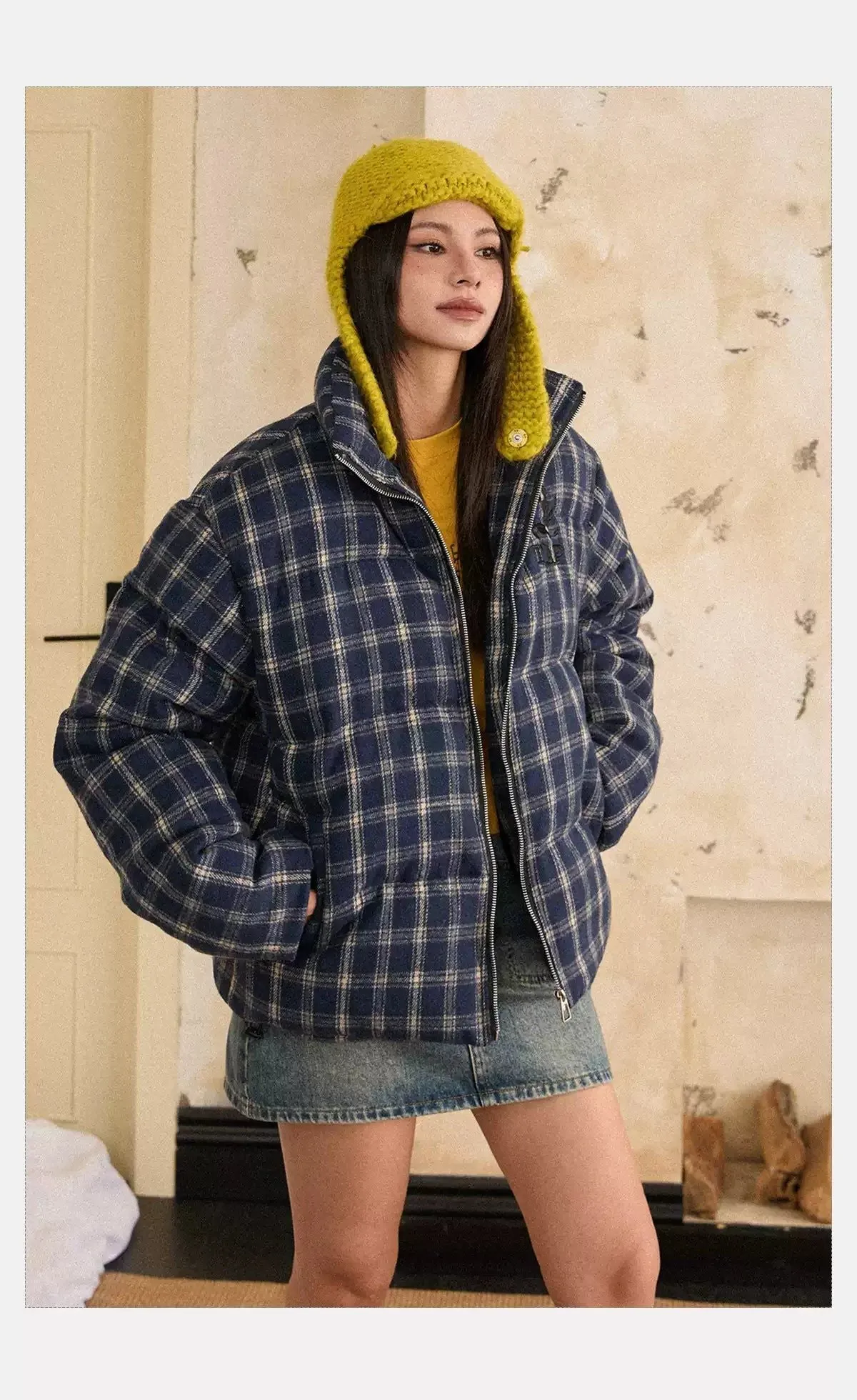 Tom Plaid Pattern Zip-Up Puffer Jacket