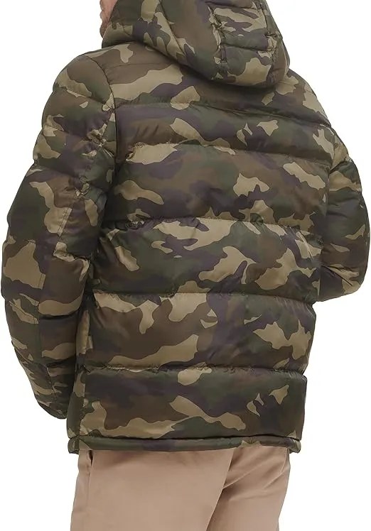 Tommy Hilfiger Men's Green Camo Quilted Puffer Hooded Jacket