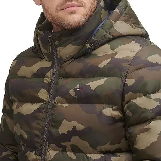 Tommy Hilfiger Men's Green Camo Quilted Puffer Hooded Jacket