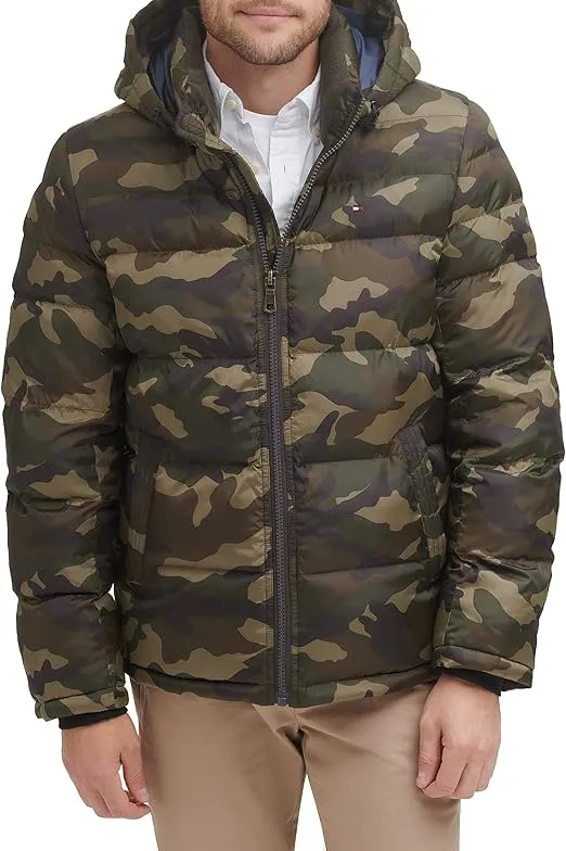 Tommy Hilfiger Men's Green Camo Quilted Puffer Hooded Jacket