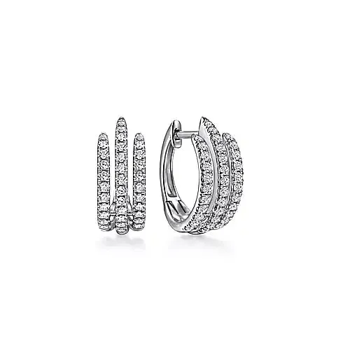 Triple Row Diamond Huggie Earrings in White Gold, 0.51 cttw