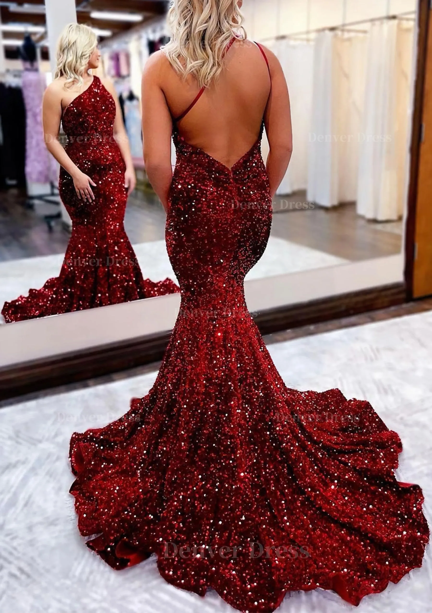 Trumpet/Mermaid One-Shoulder Sleeveless Long/Floor-Length Velvet Sequins Prom Dress