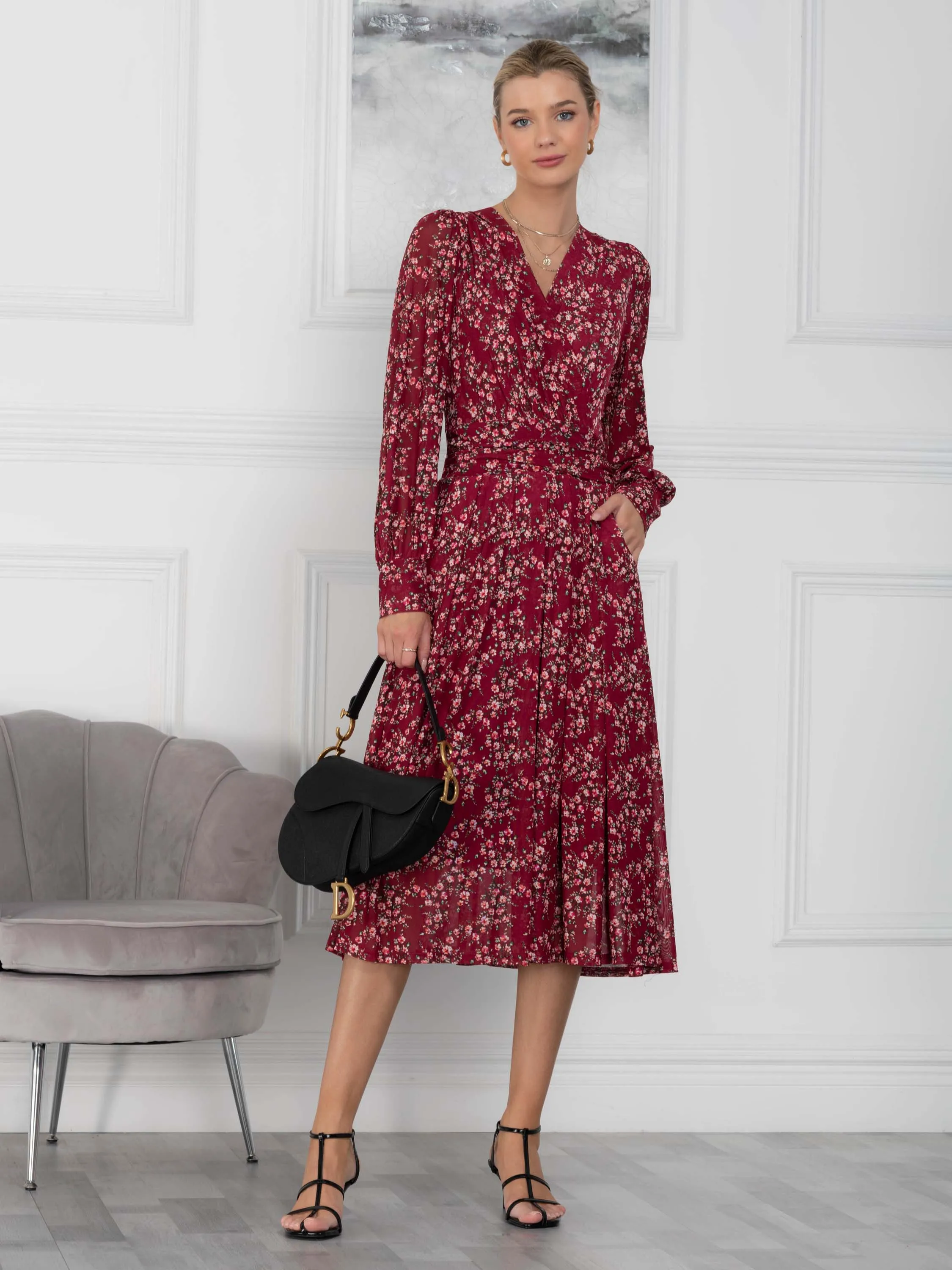 Vanessa Floral Print Wrap Front Midi Dress, Burgundy/Multi