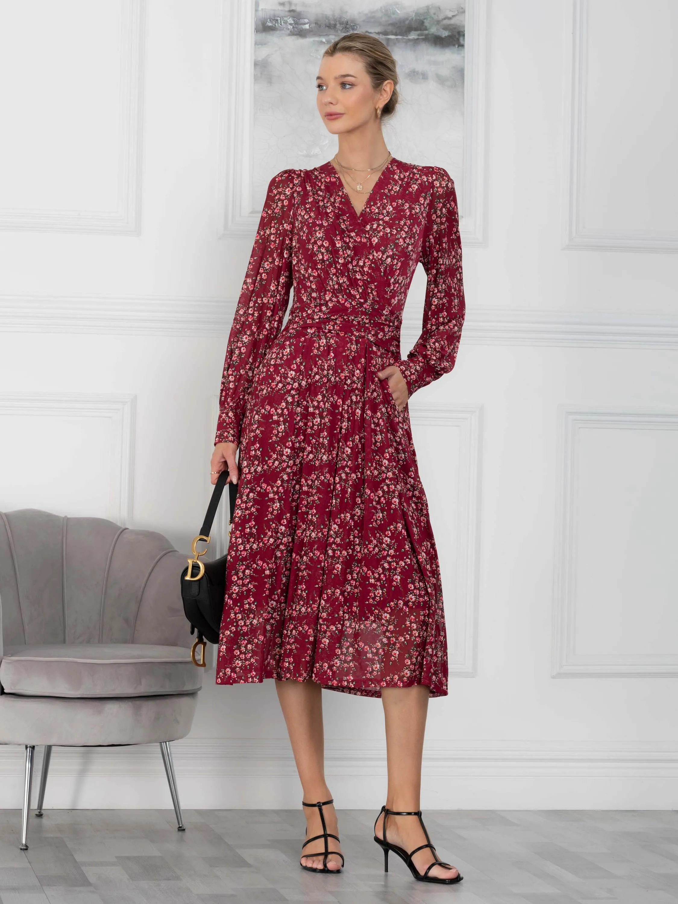 Vanessa Floral Print Wrap Front Midi Dress, Burgundy/Multi