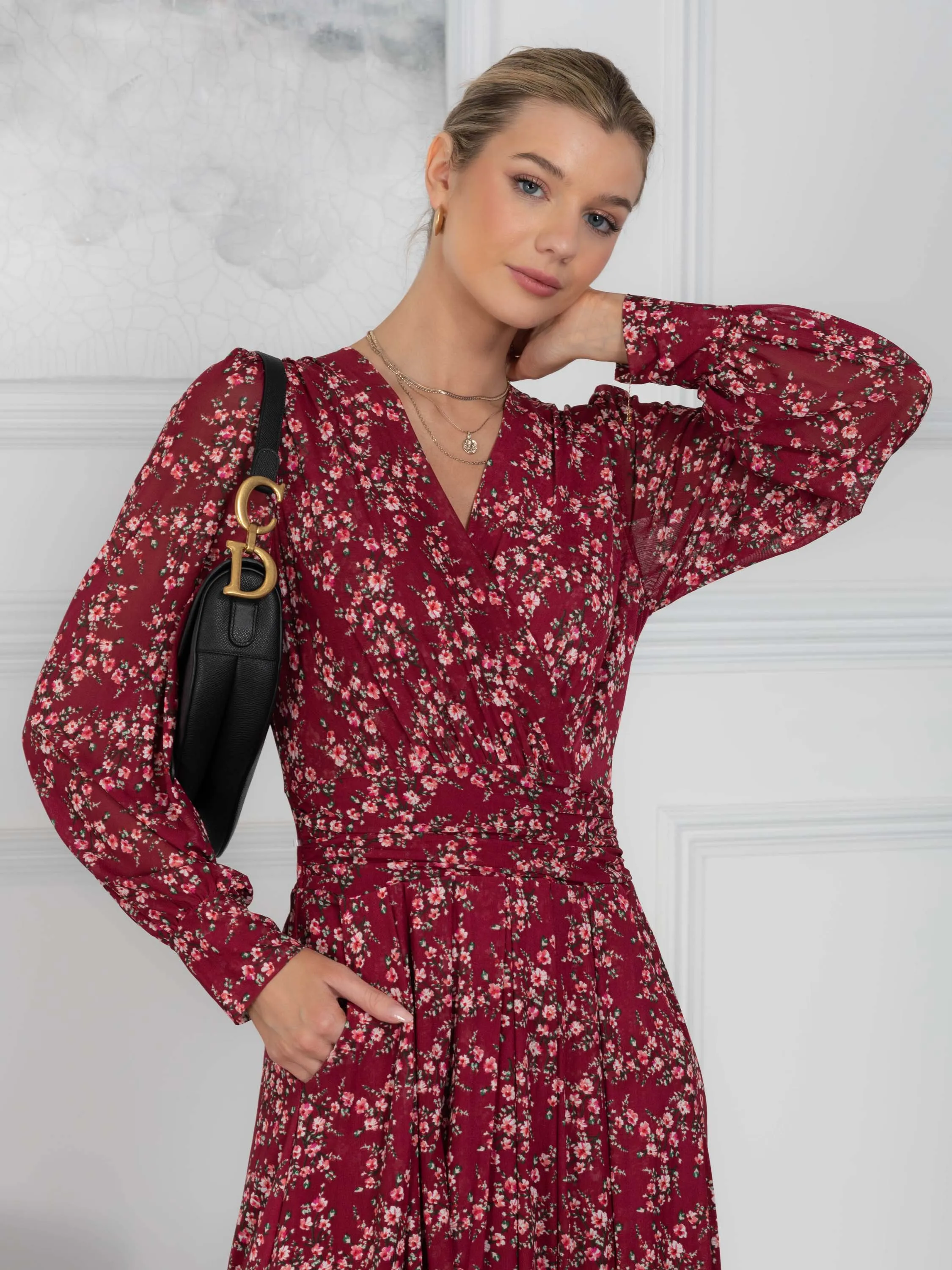 Vanessa Floral Print Wrap Front Midi Dress, Burgundy/Multi