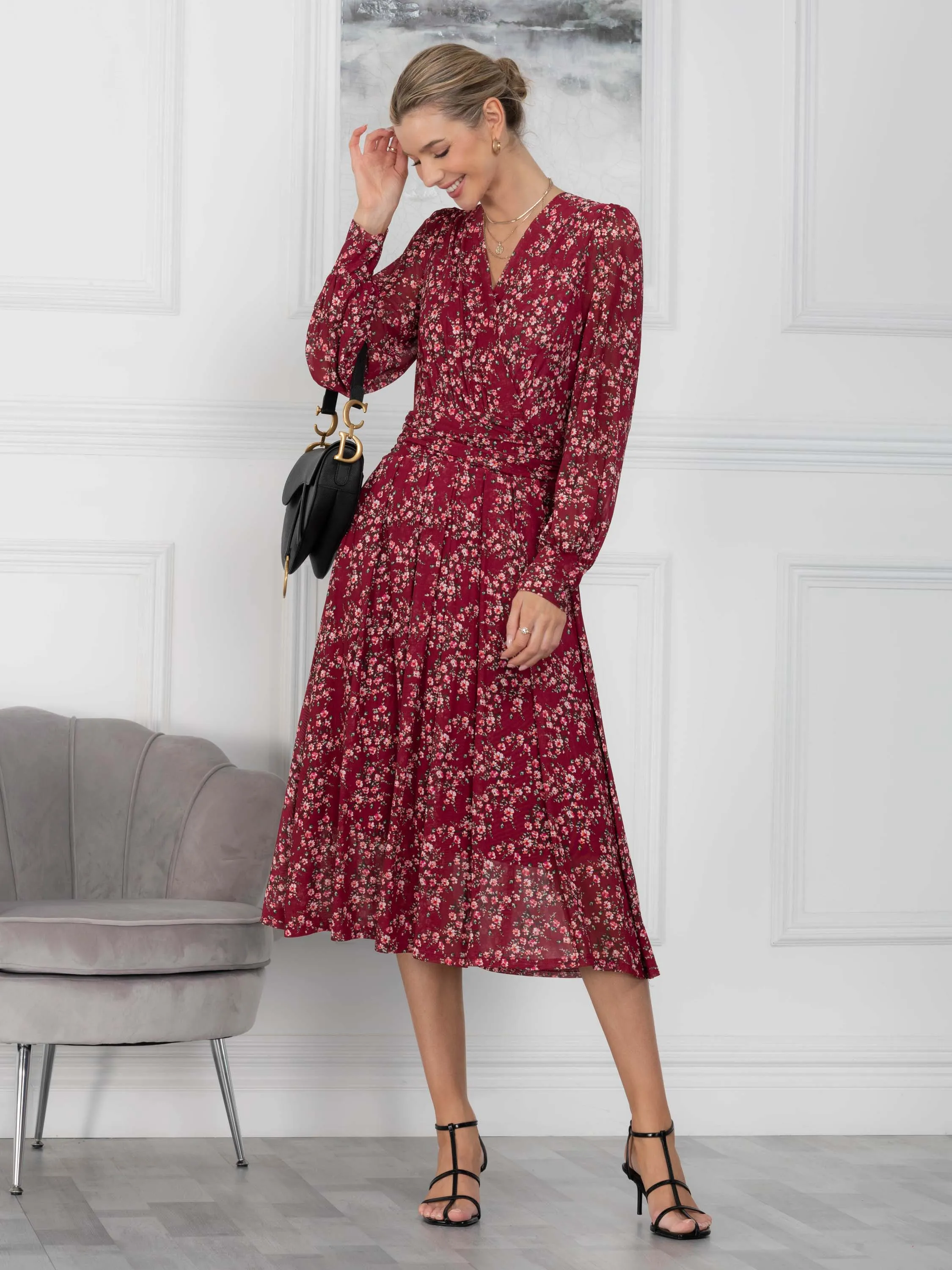 Vanessa Floral Print Wrap Front Midi Dress, Burgundy/Multi