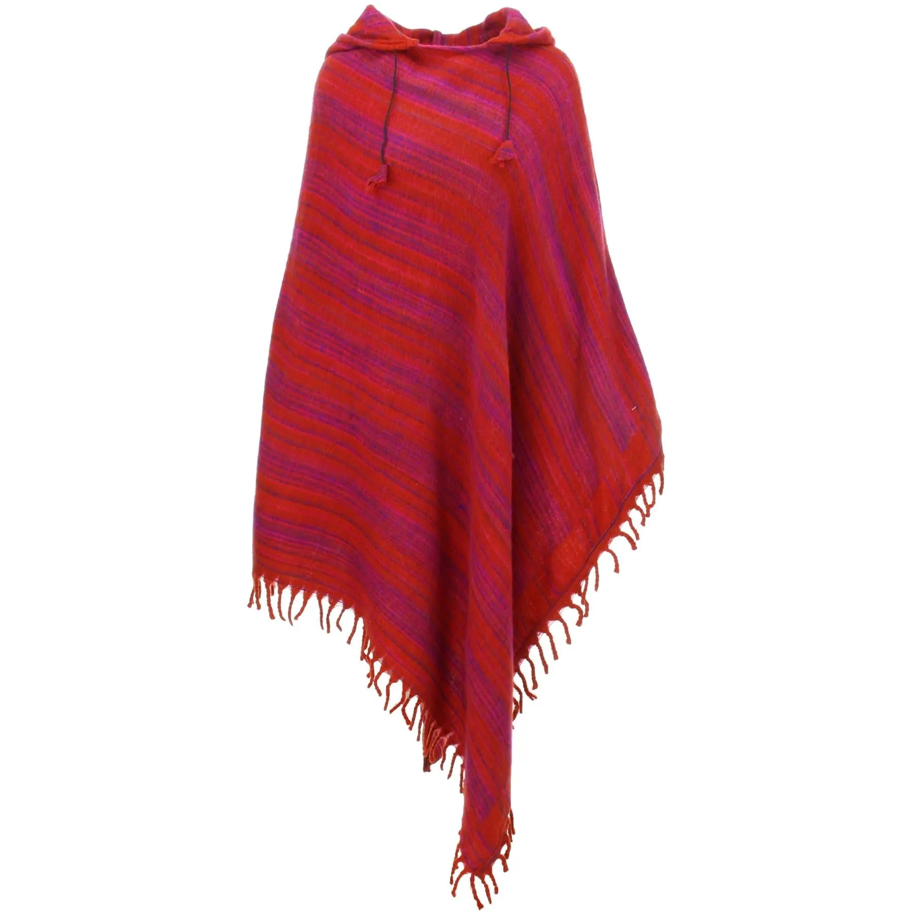 Vegan Wool Hooded Poncho - Red & Pink