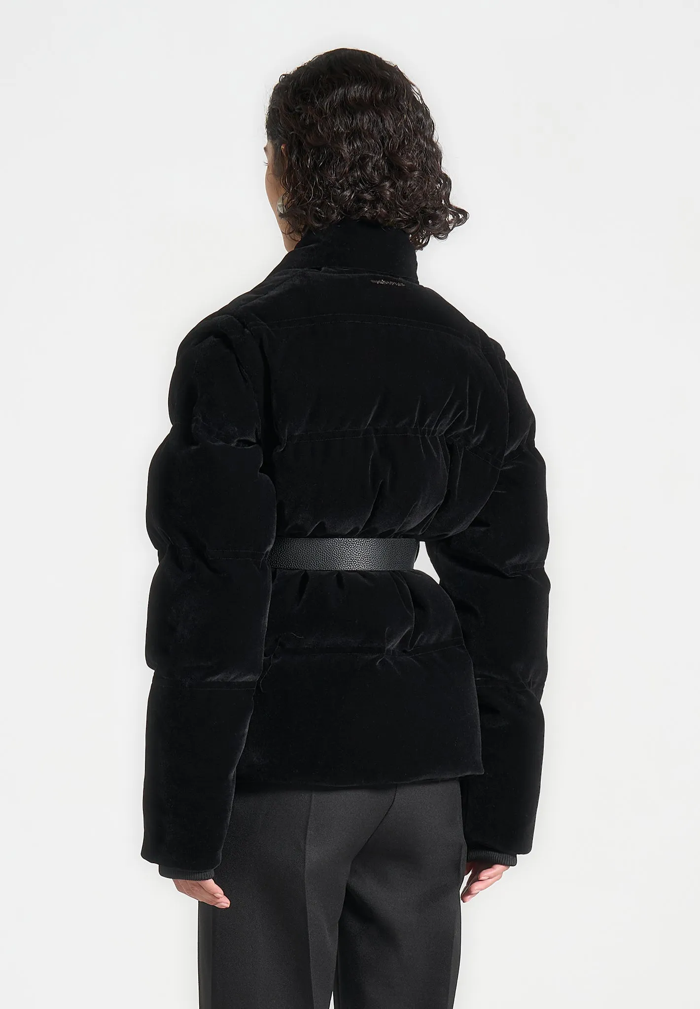 Velvet Wrap Belted Puffer Jacket - Black