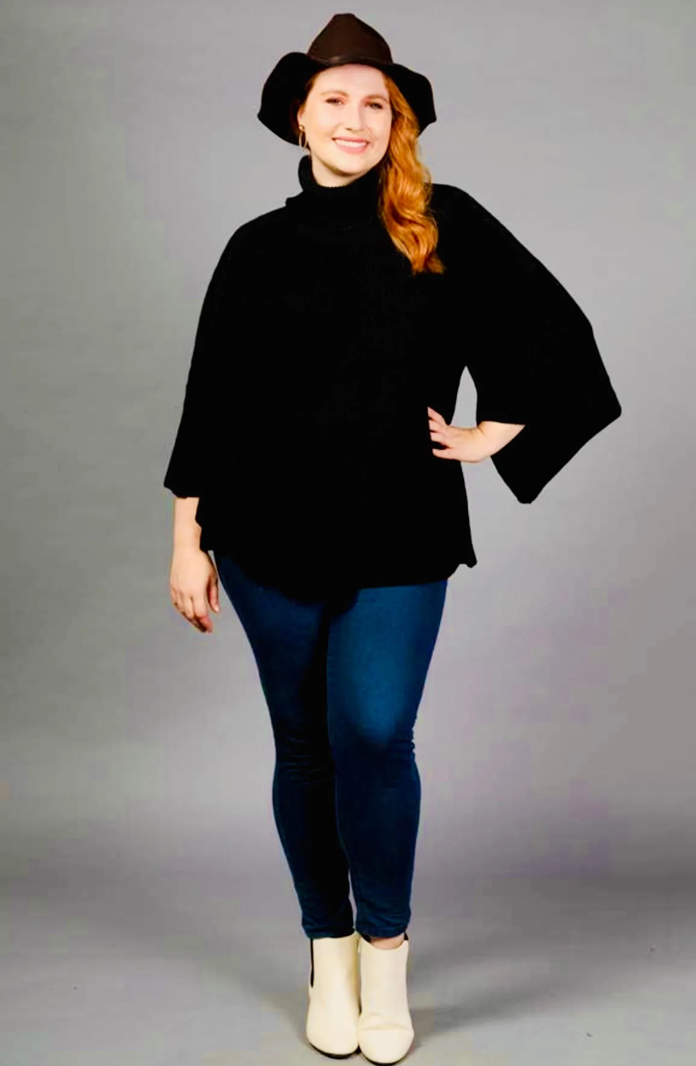 Very J Black Turtleneck Poncho-PLUS SIZE