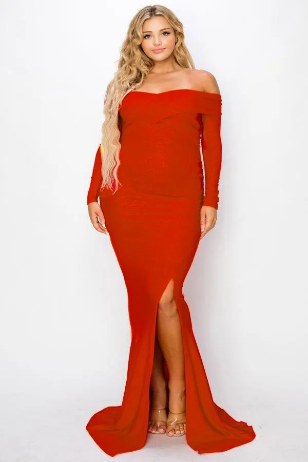 Voluptuous ( ) Plus Long Sleeve Off Shoulder Maxi Night Party Dress - 5 colors