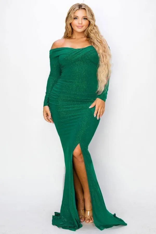 Voluptuous ( ) Plus Long Sleeve Off Shoulder Maxi Night Party Dress - 5 colors