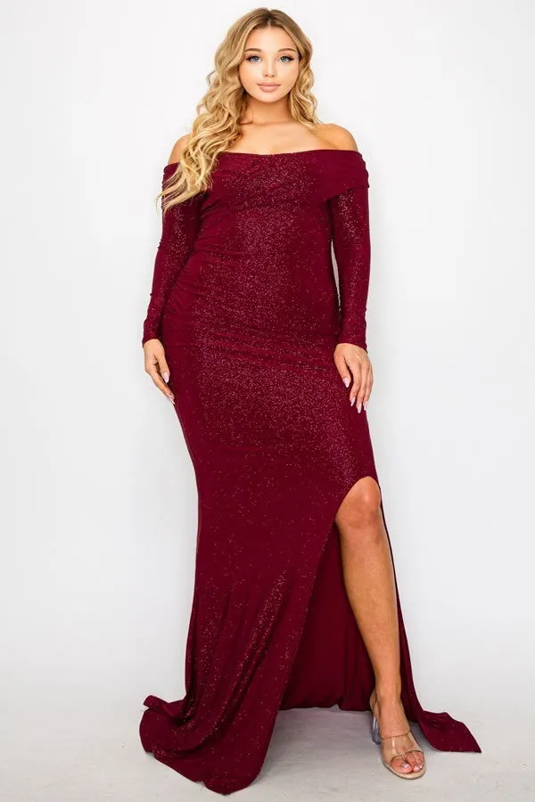 Voluptuous ( ) Plus Long Sleeve Off Shoulder Maxi Night Party Dress - 5 colors