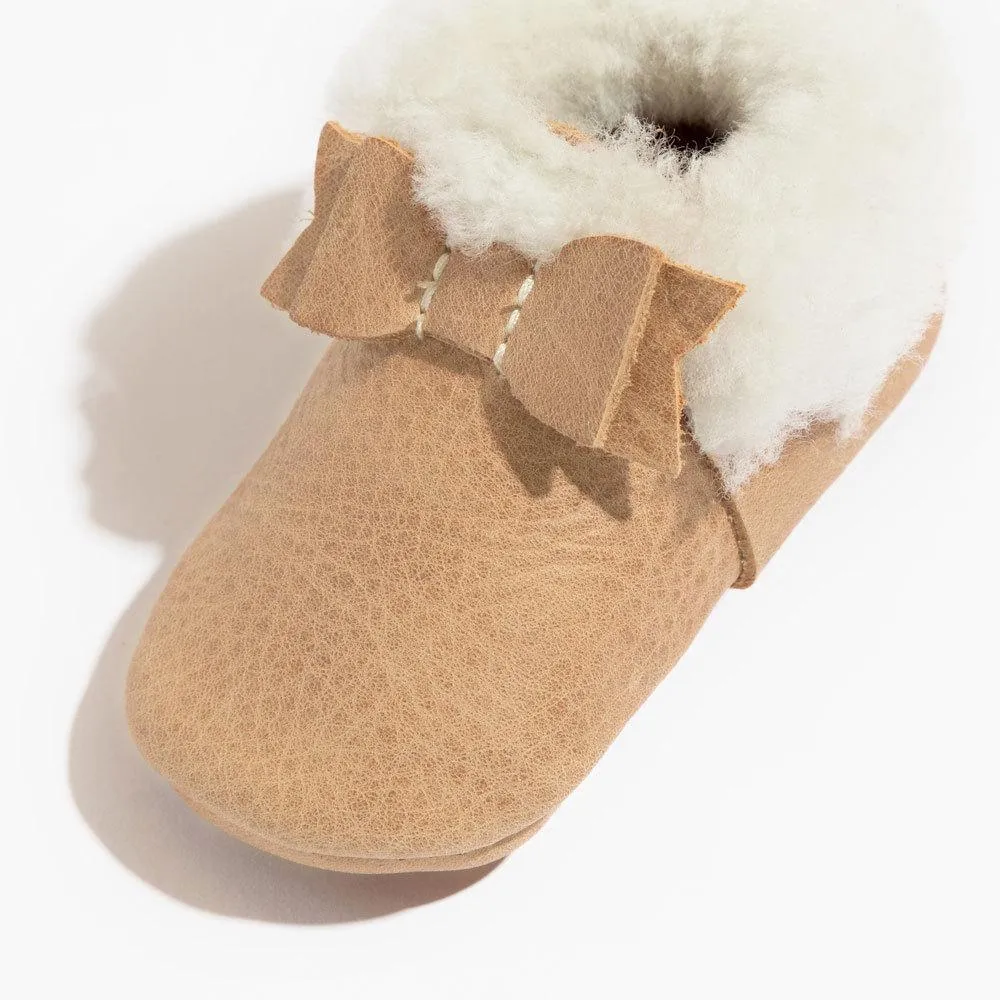 Weathered Brown Shearling Bow Baby Shoe