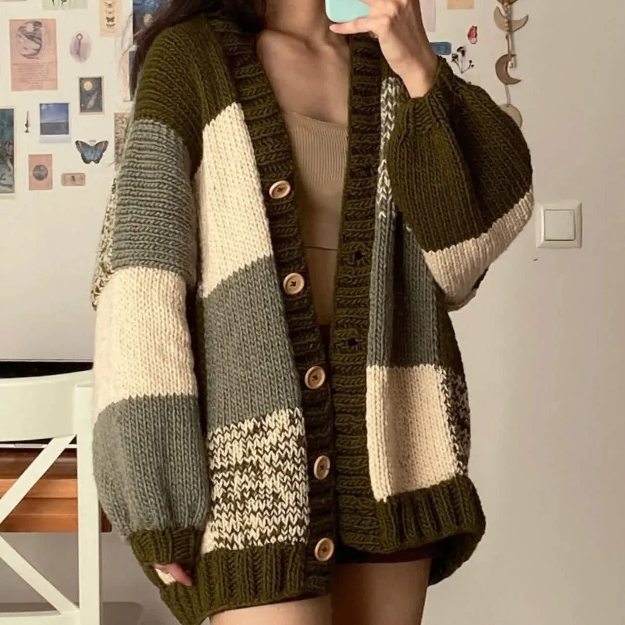 Wenkouban sweater 2024 Autumn and Winter New Daily Comfortable Commuter Versatile Lazy Loose Contrast Color Stitching Cardigan Knitted Colorful Sweater