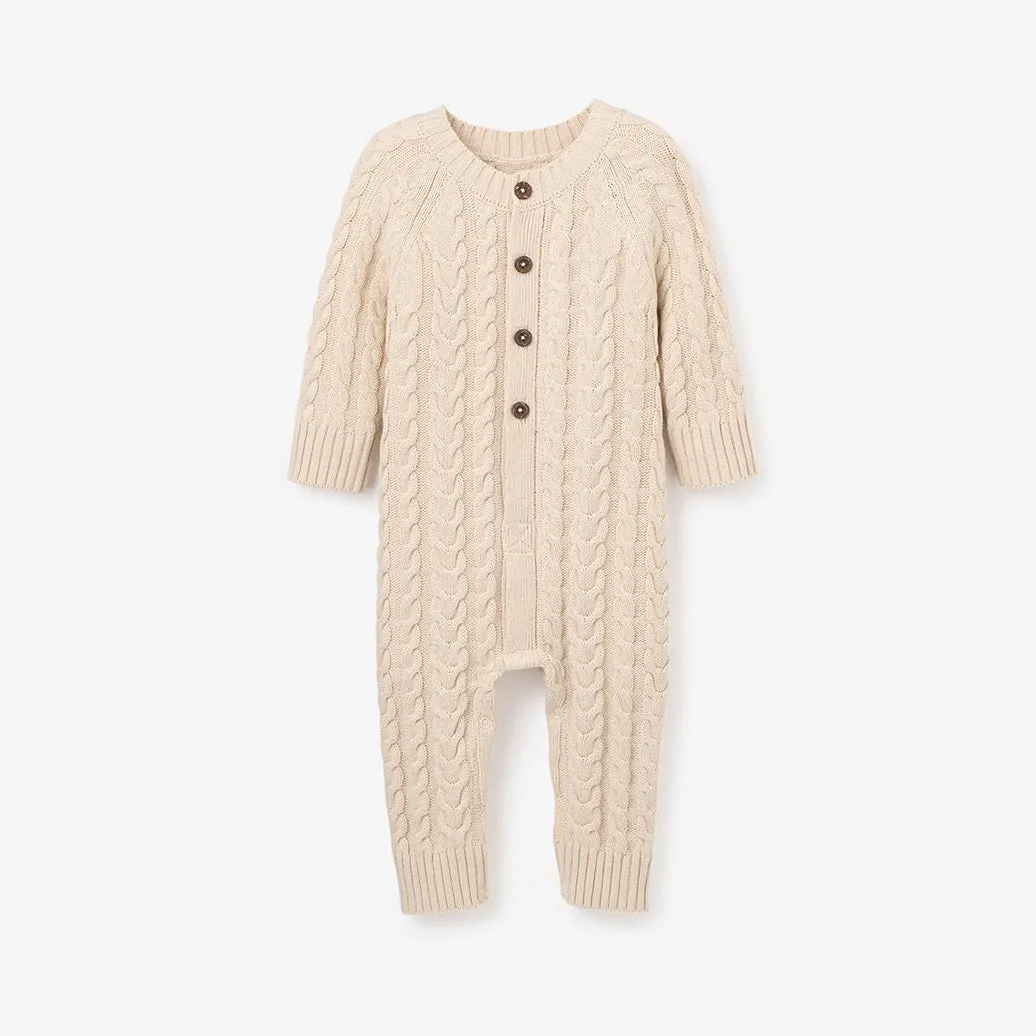 Wheat Horseshoe Cable Knit Baby Jumpsuit