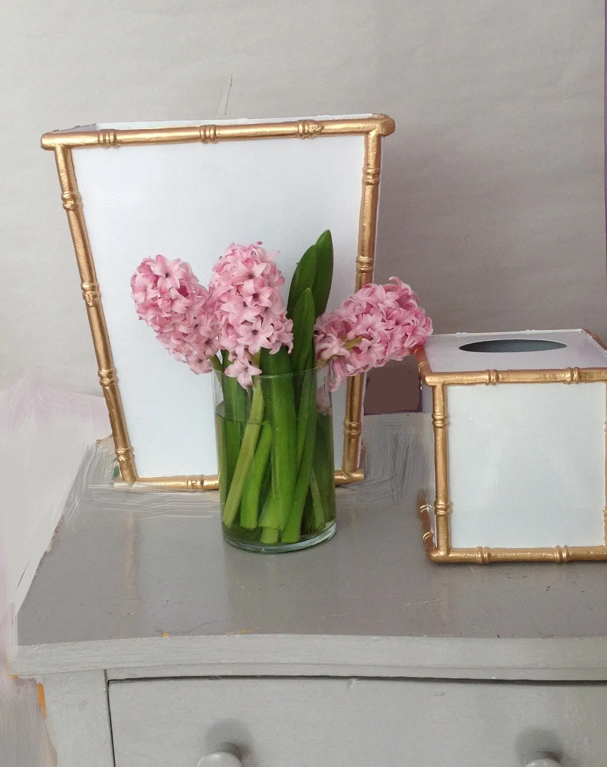 White Bamboo Wastebasket and Tissue Box