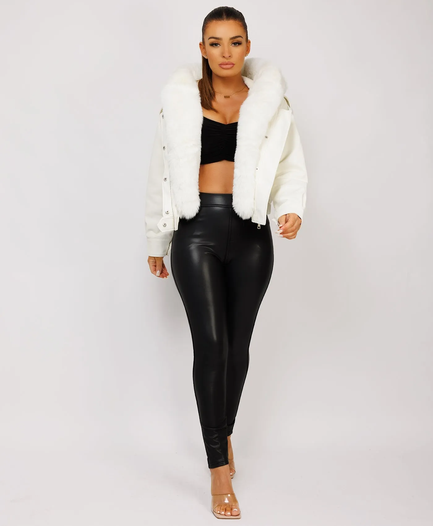 White Vegan Leather Faux Fur Collar Hooded Bomber Jacket