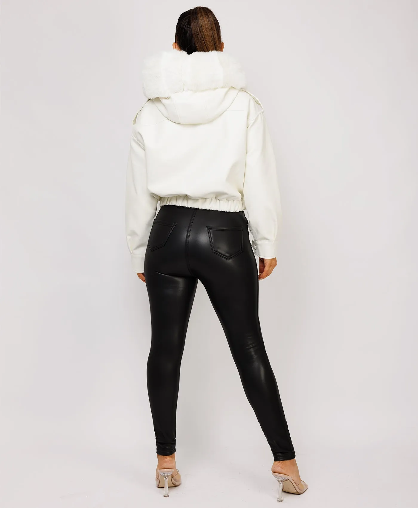 White Vegan Leather Faux Fur Collar Hooded Bomber Jacket