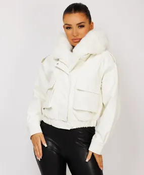 White Vegan Leather Faux Fur Collar Hooded Bomber Jacket