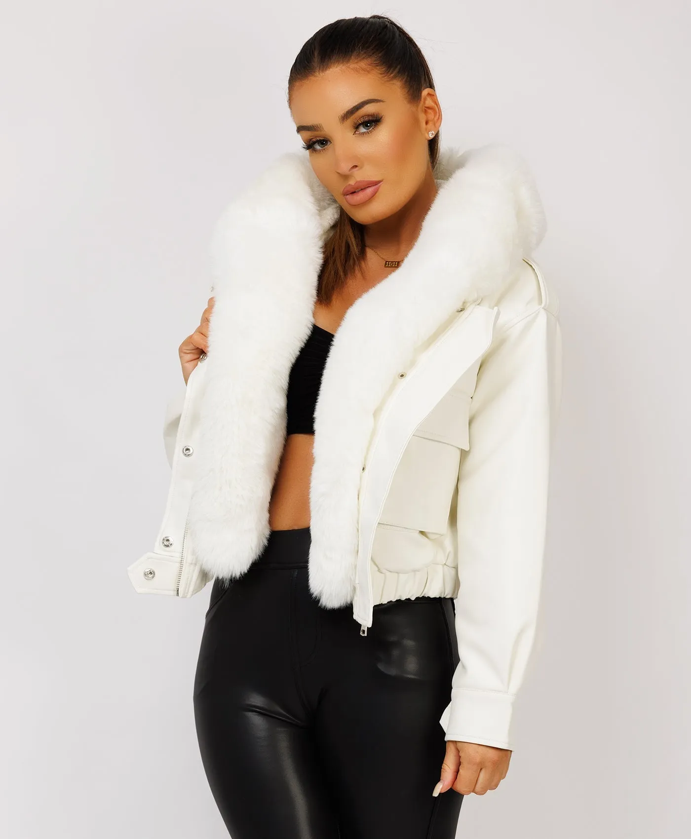 White Vegan Leather Faux Fur Collar Hooded Bomber Jacket