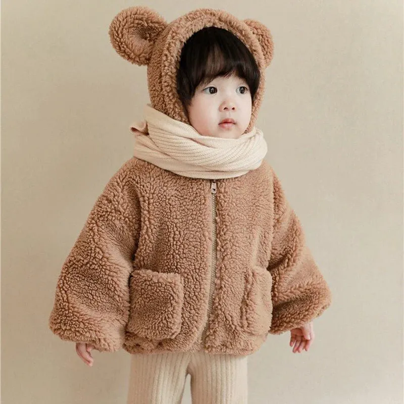 Winter Autumn Baby Girls Jacket Solid Color Plush Thick Keep Warm Lamb Wool Hooded Coats For 1-6 Years Kids Fashion Outwear