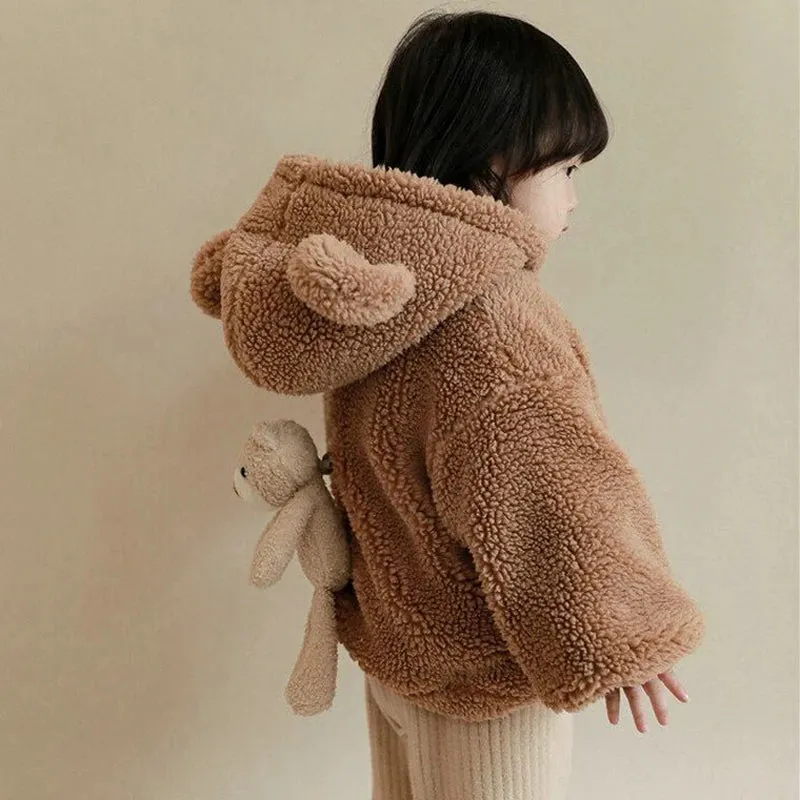 Winter Autumn Baby Girls Jacket Solid Color Plush Thick Keep Warm Lamb Wool Hooded Coats For 1-6 Years Kids Fashion Outwear