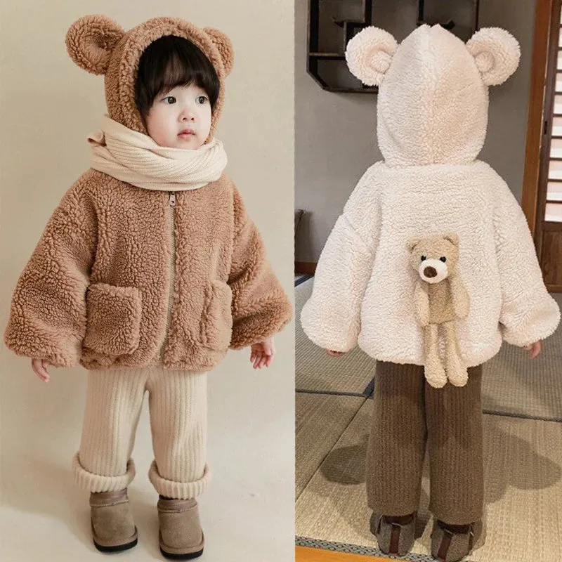 Winter Autumn Baby Girls Jacket Solid Color Plush Thick Keep Warm Lamb Wool Hooded Coats For 1-6 Years Kids Fashion Outwear