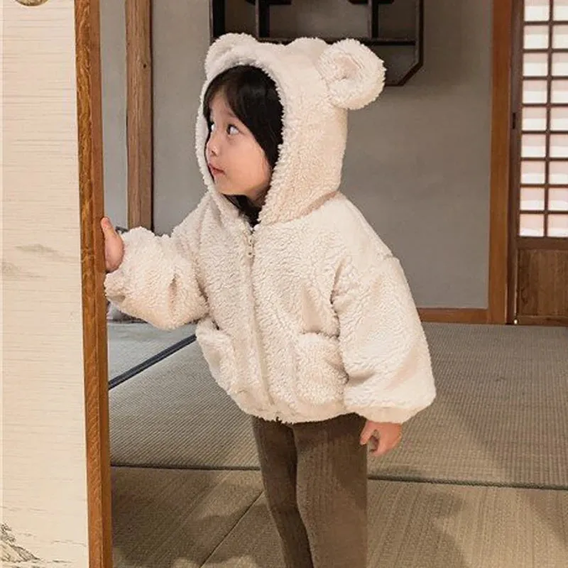 Winter Autumn Baby Girls Jacket Solid Color Plush Thick Keep Warm Lamb Wool Hooded Coats For 1-6 Years Kids Fashion Outwear