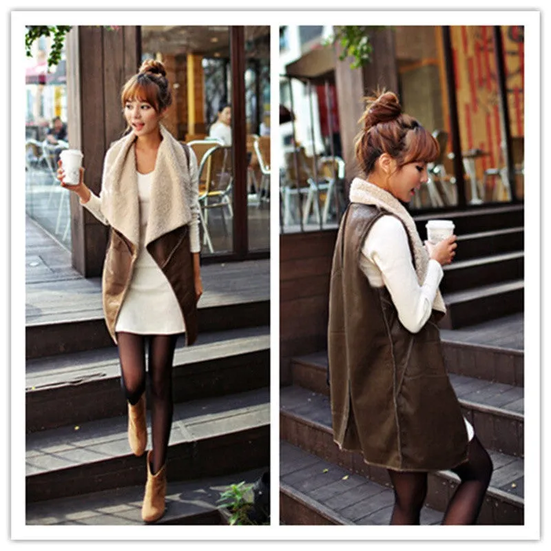 Winter Women Lady Leisure Fashion Warm Faux Fur Collar Vest Long LeatherA Waistcoat Coat Outerwear Brown