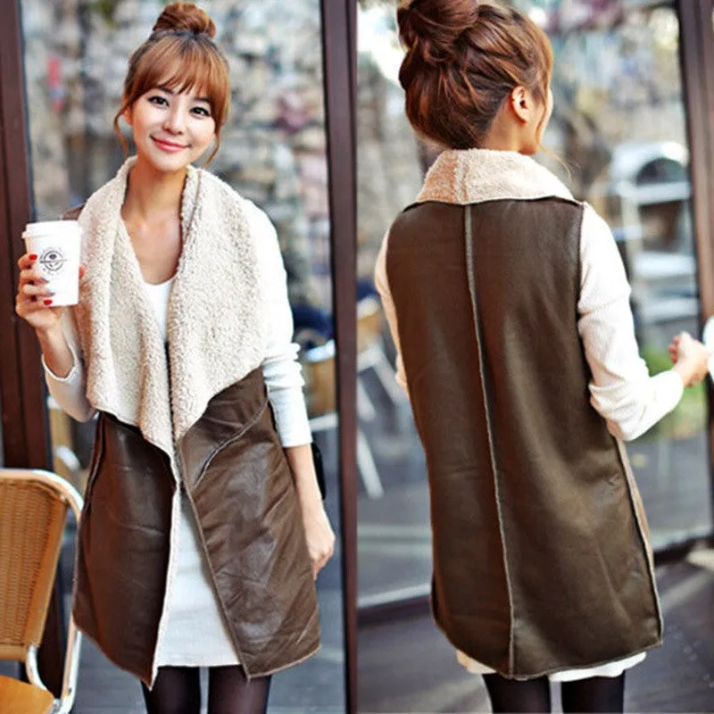 Winter Women Lady Leisure Fashion Warm Faux Fur Collar Vest Long LeatherA Waistcoat Coat Outerwear Brown