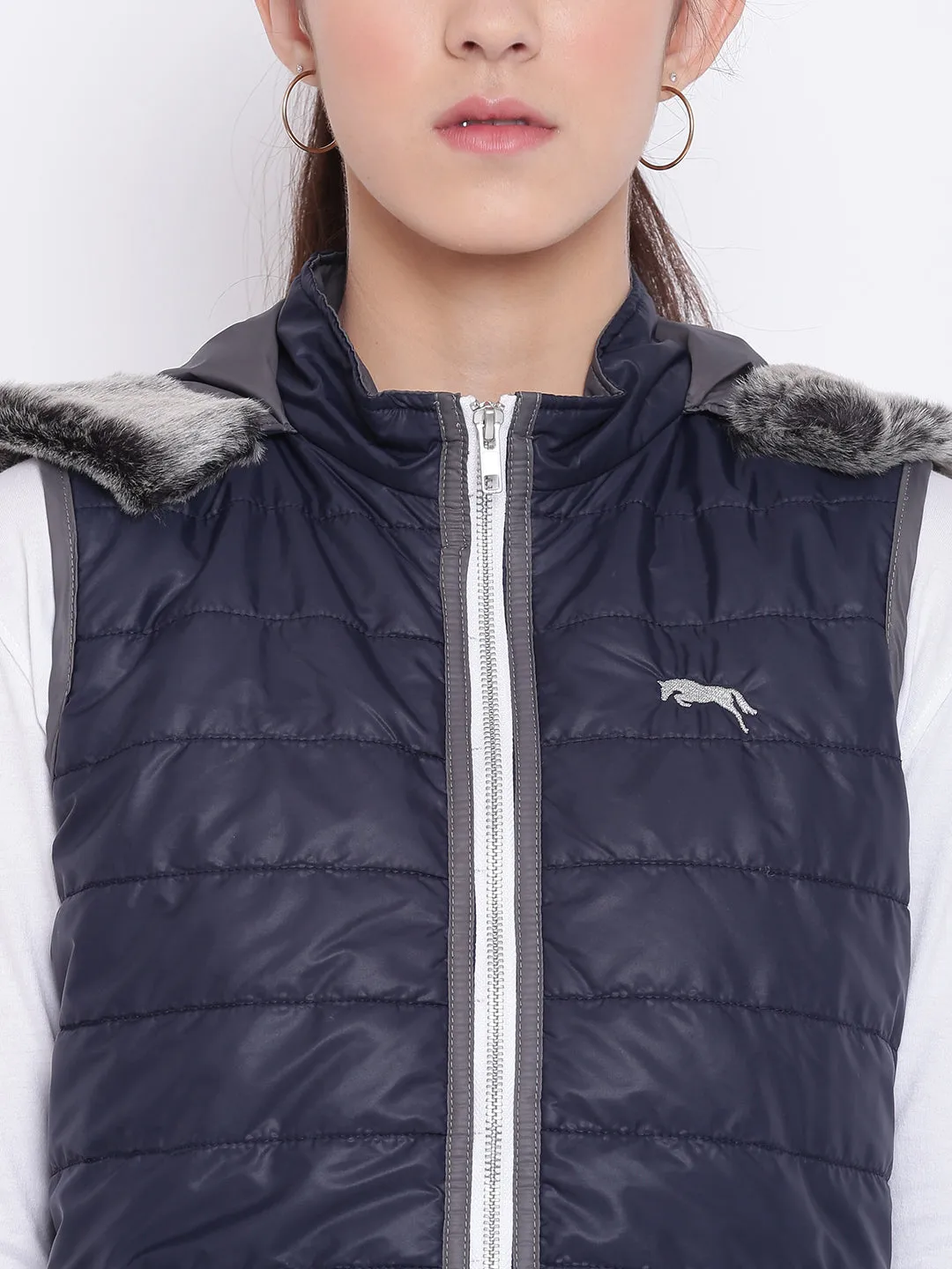 Women Navy Blue Casual Quilted Jacket