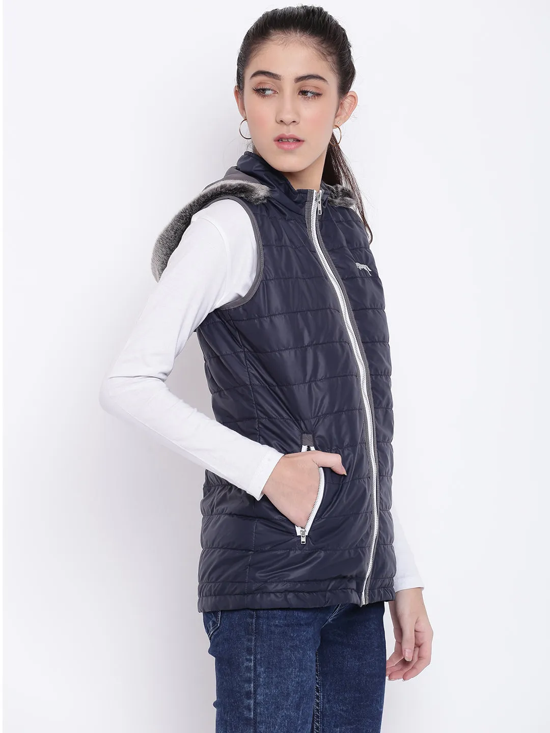 Women Navy Blue Casual Quilted Jacket