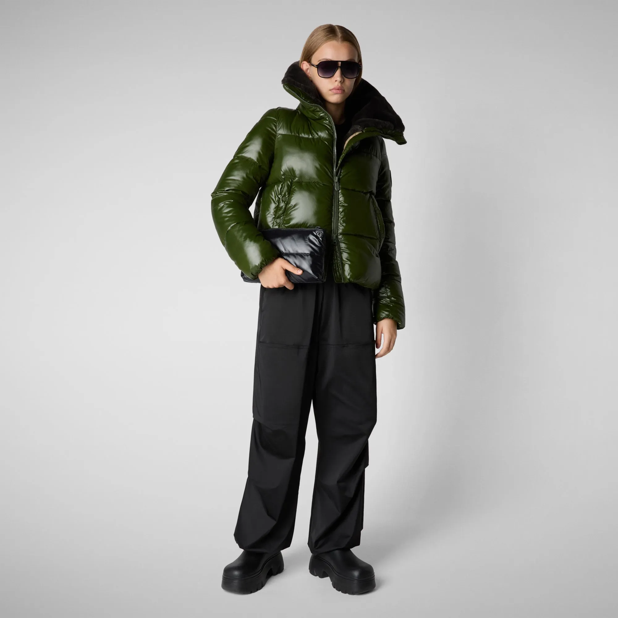 Women's Animal free Puffer Jacket Moma  with Faux Fur Lining in Pine Green