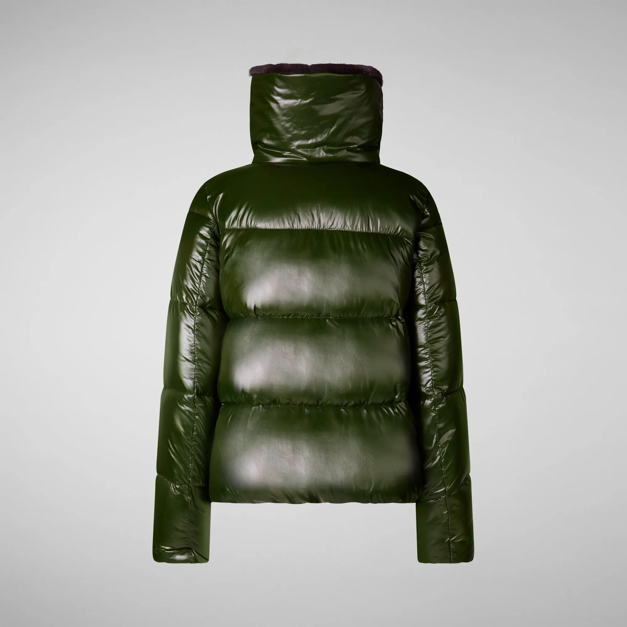 Women's Animal free Puffer Jacket Moma  with Faux Fur Lining in Pine Green