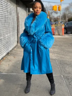 Women's Royal Blue Leather Trench With Full Fox Fur