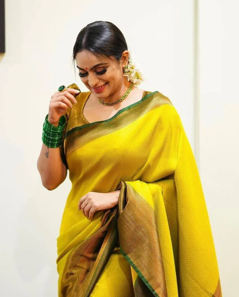 Wonderful Yellow Soft Banarasi Silk Saree With Girlish Blouse Piece