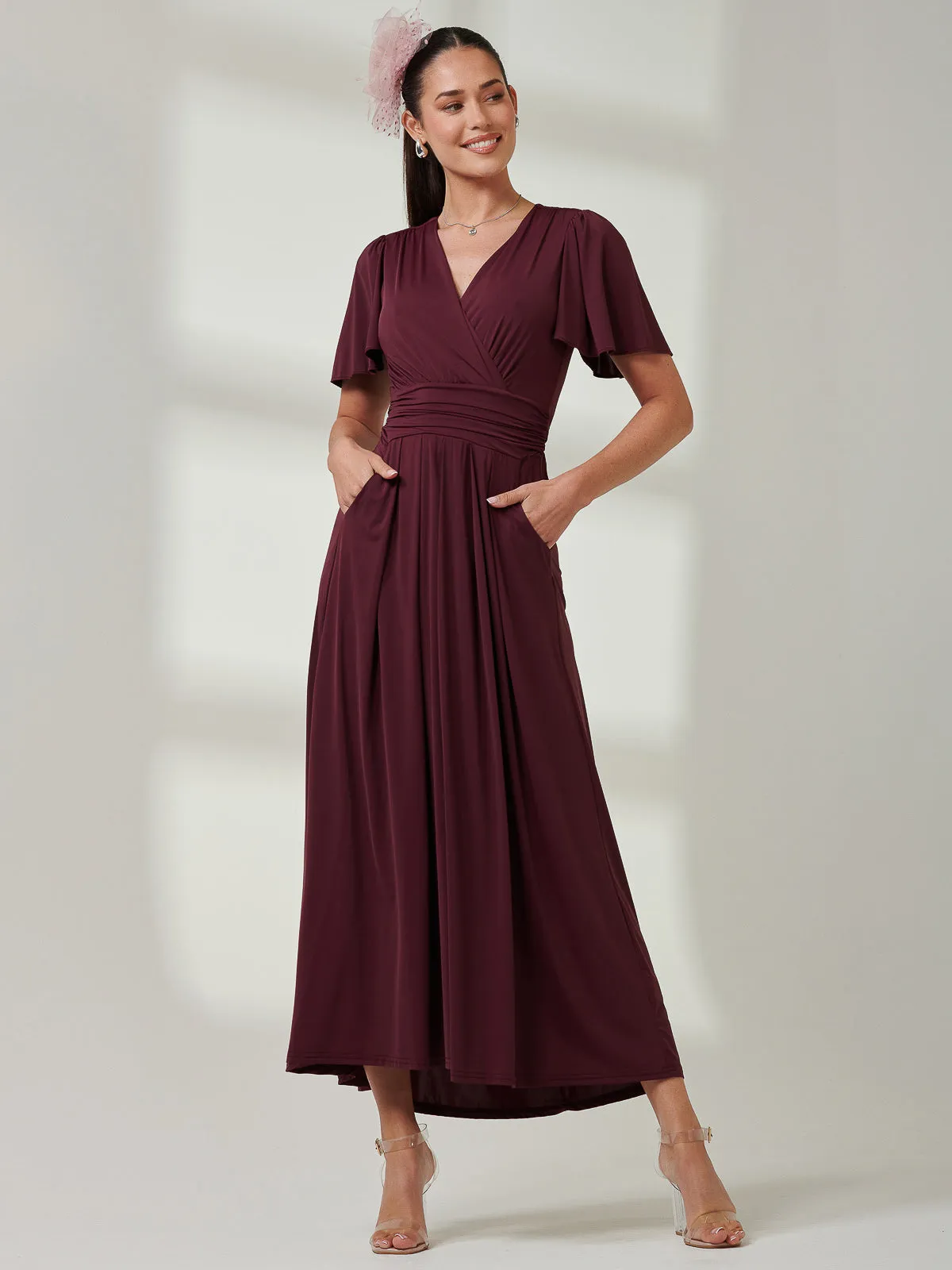 Wrap Bodice Super Smooth Jersey Maxi Dress, Burgundy