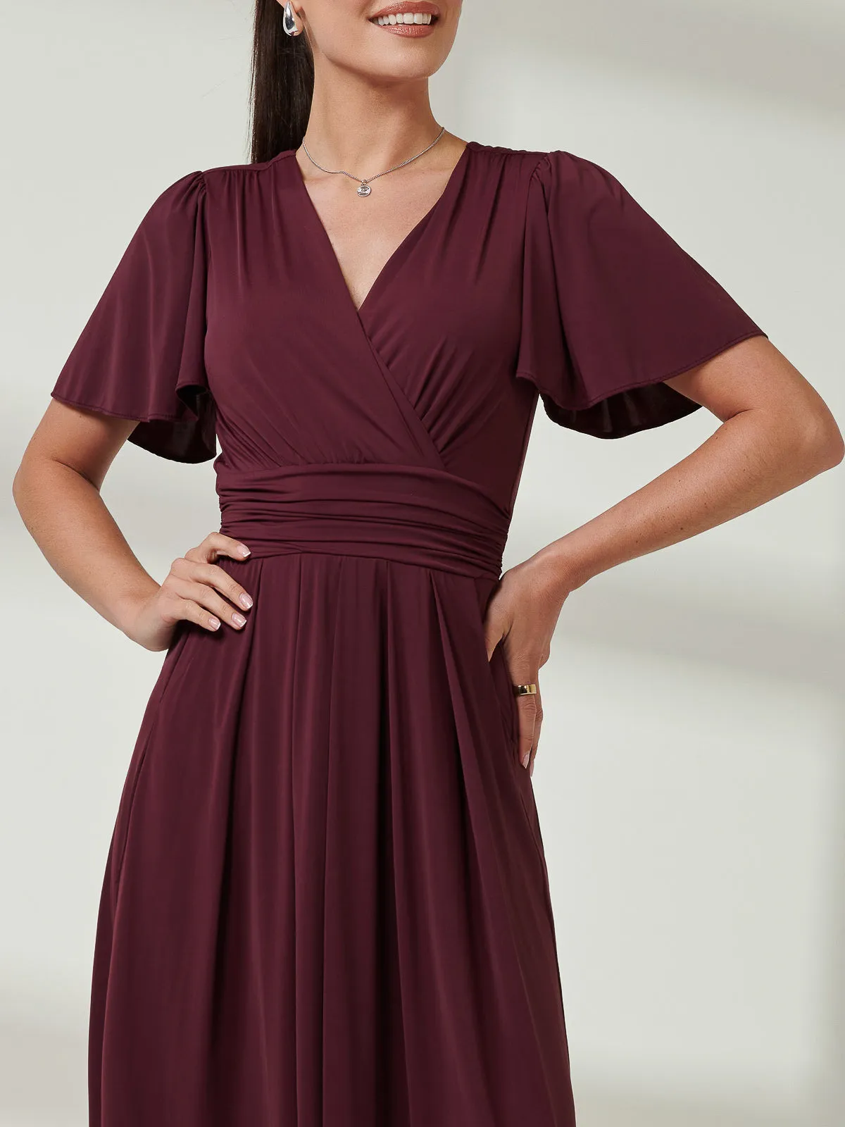 Wrap Bodice Super Smooth Jersey Maxi Dress, Burgundy