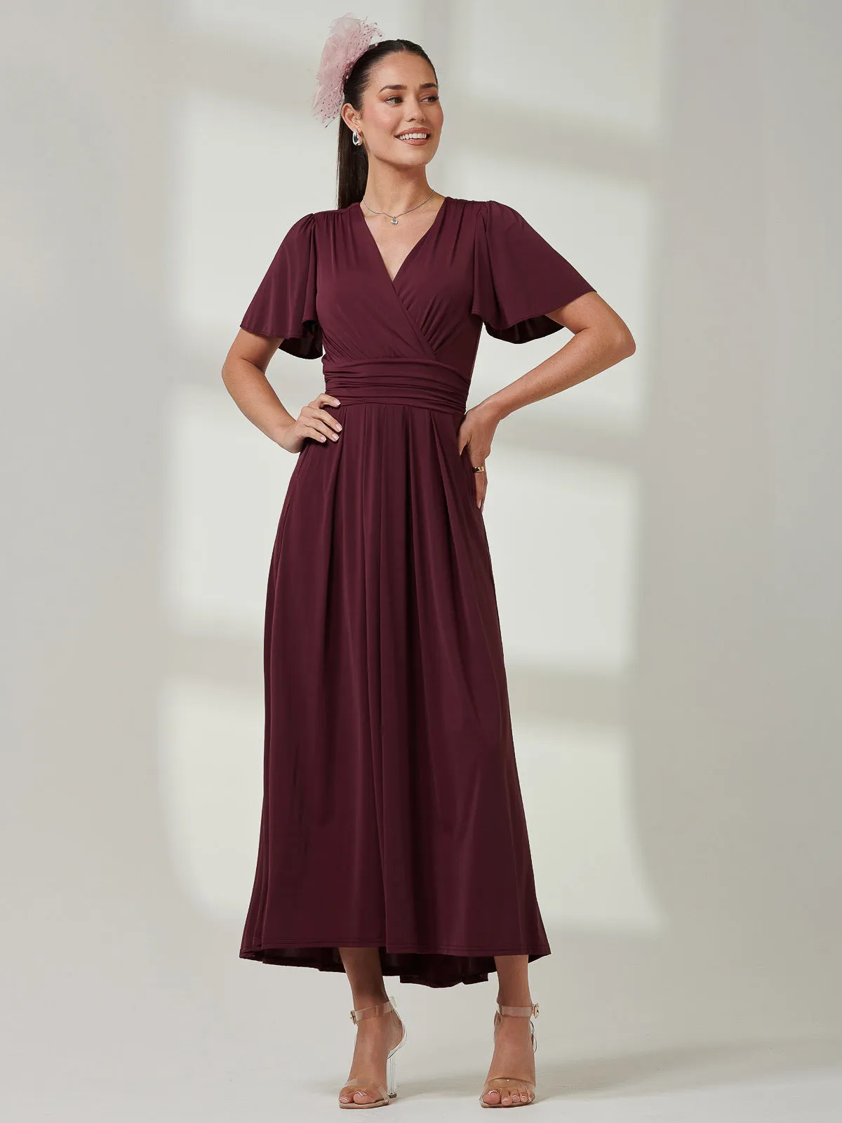 Wrap Bodice Super Smooth Jersey Maxi Dress, Burgundy