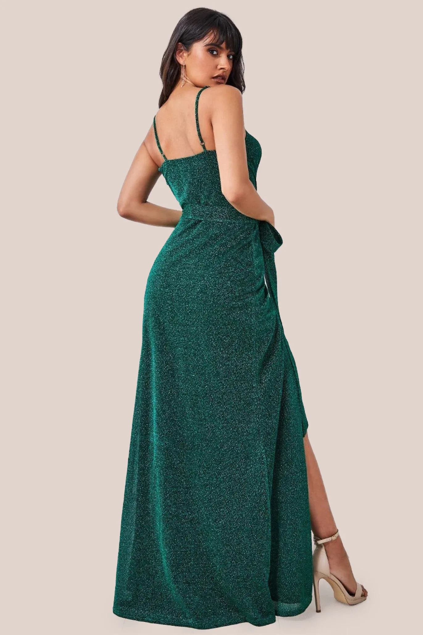 Wrap Style Spaghetti Strap Maxi With Split - Emerald by Goddiva