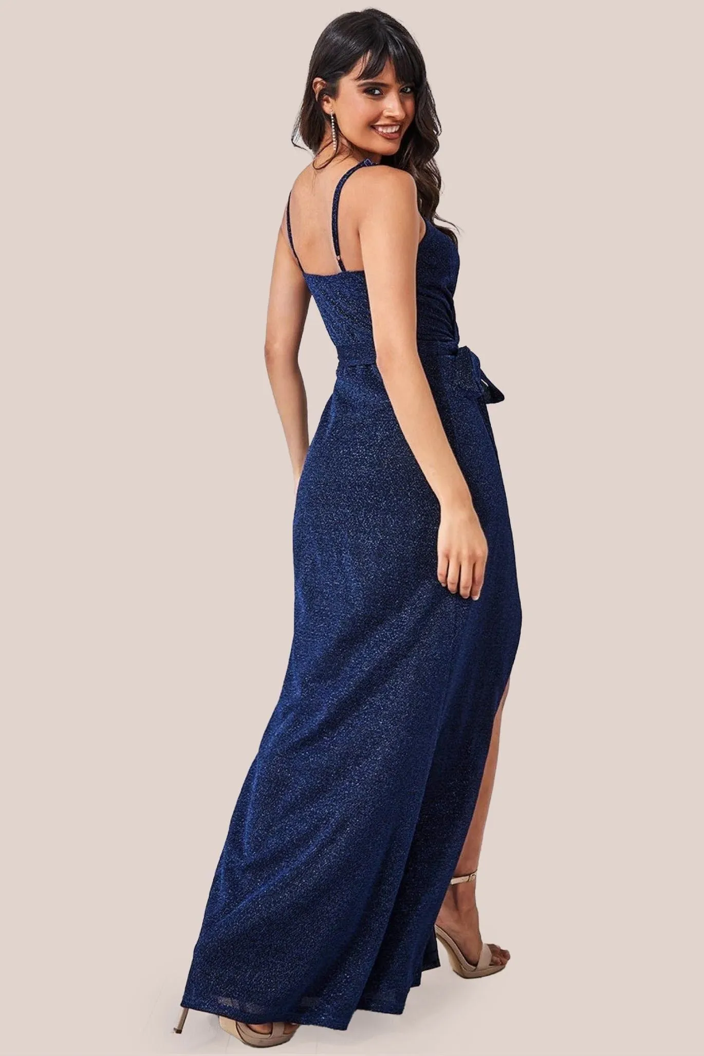 Wrap Style Spaghetti Strap Maxi With Split - Navy by Goddiva